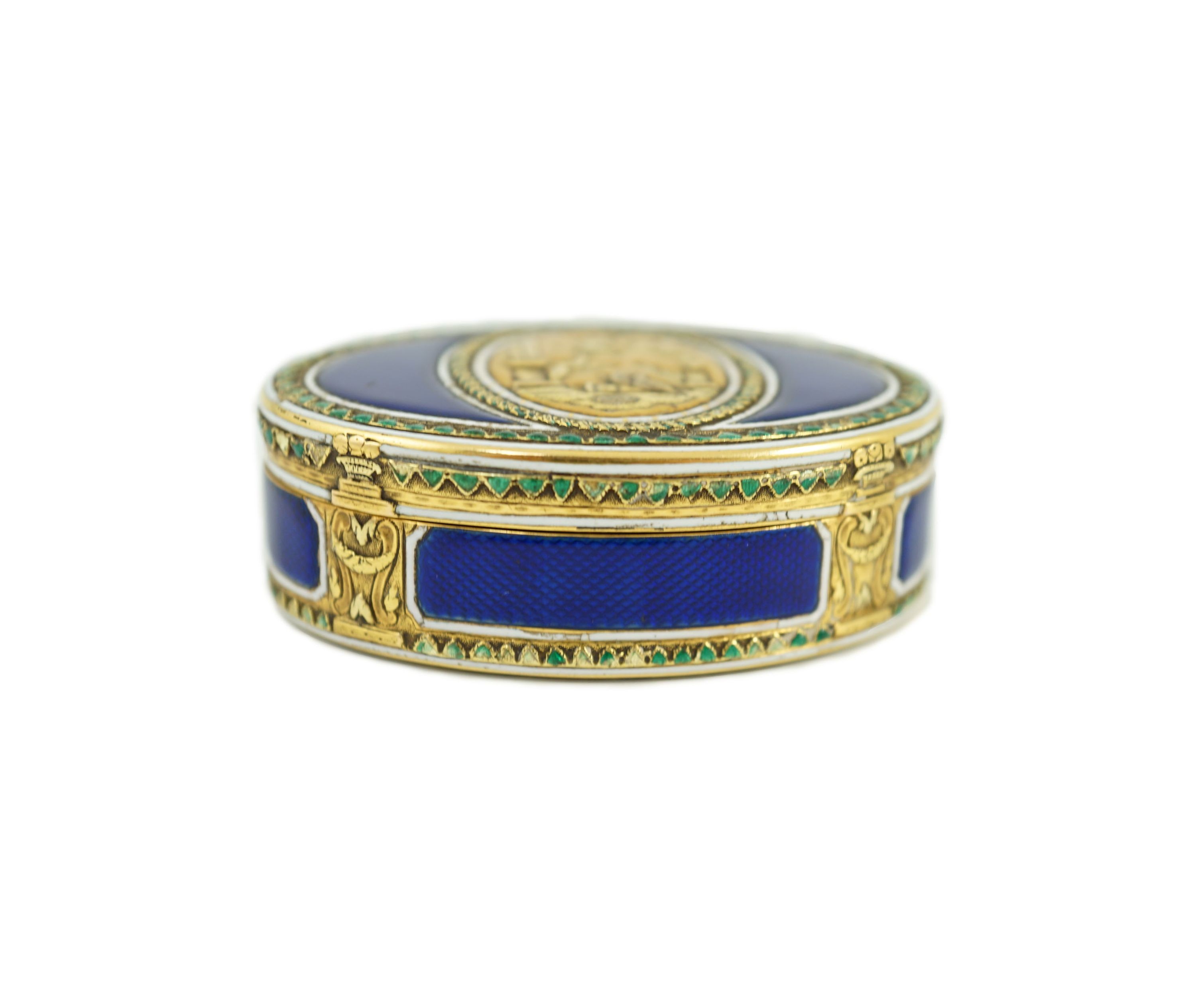 A late 18th/early 19th century French? gold and polychrome enamel oval snuff box